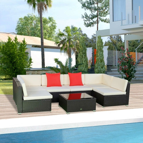 Outsunny – Salon de jardin d’angle tressé beige, 7 pièces avec coussins