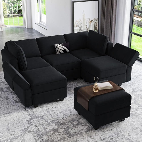 Canapé d’angle modulable en velours avec méridienne