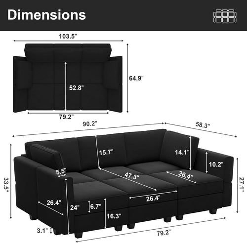 Canapé d’angle modulable en velours avec méridienne