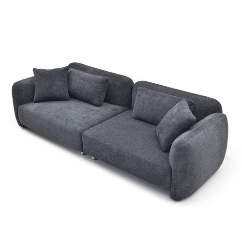 Canapé 3 places noir style Mid-Century en tissu effet peluche, 4 coussins