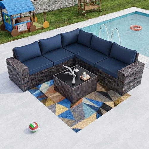 Salon de jardin modulable 6 pièces bleu marine en résine tressée PE