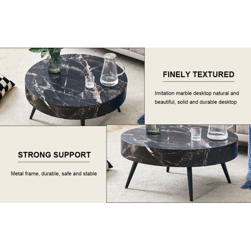 Table basse ronde LuxeHome™ effet marbre noir avec pieds réglables