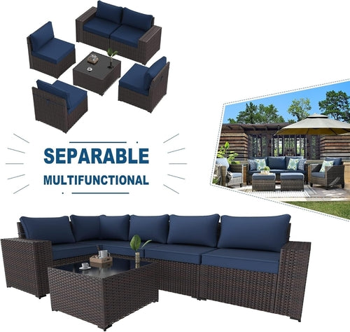 Salon de jardin modulable 6 pièces bleu marine en résine tressée PE