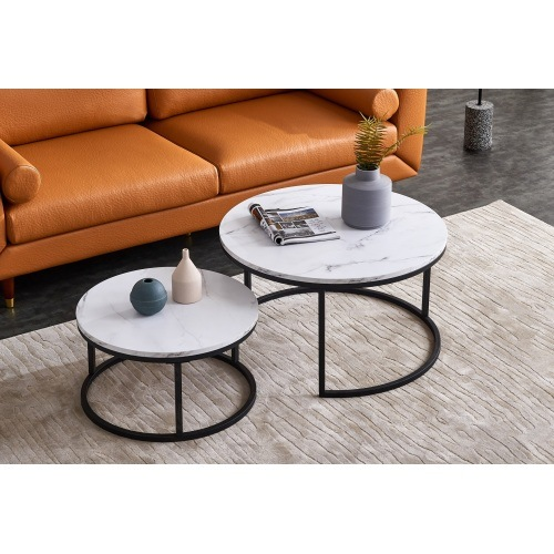 Ensemble de 2 tables basses gigognes rondes effet marbre noir