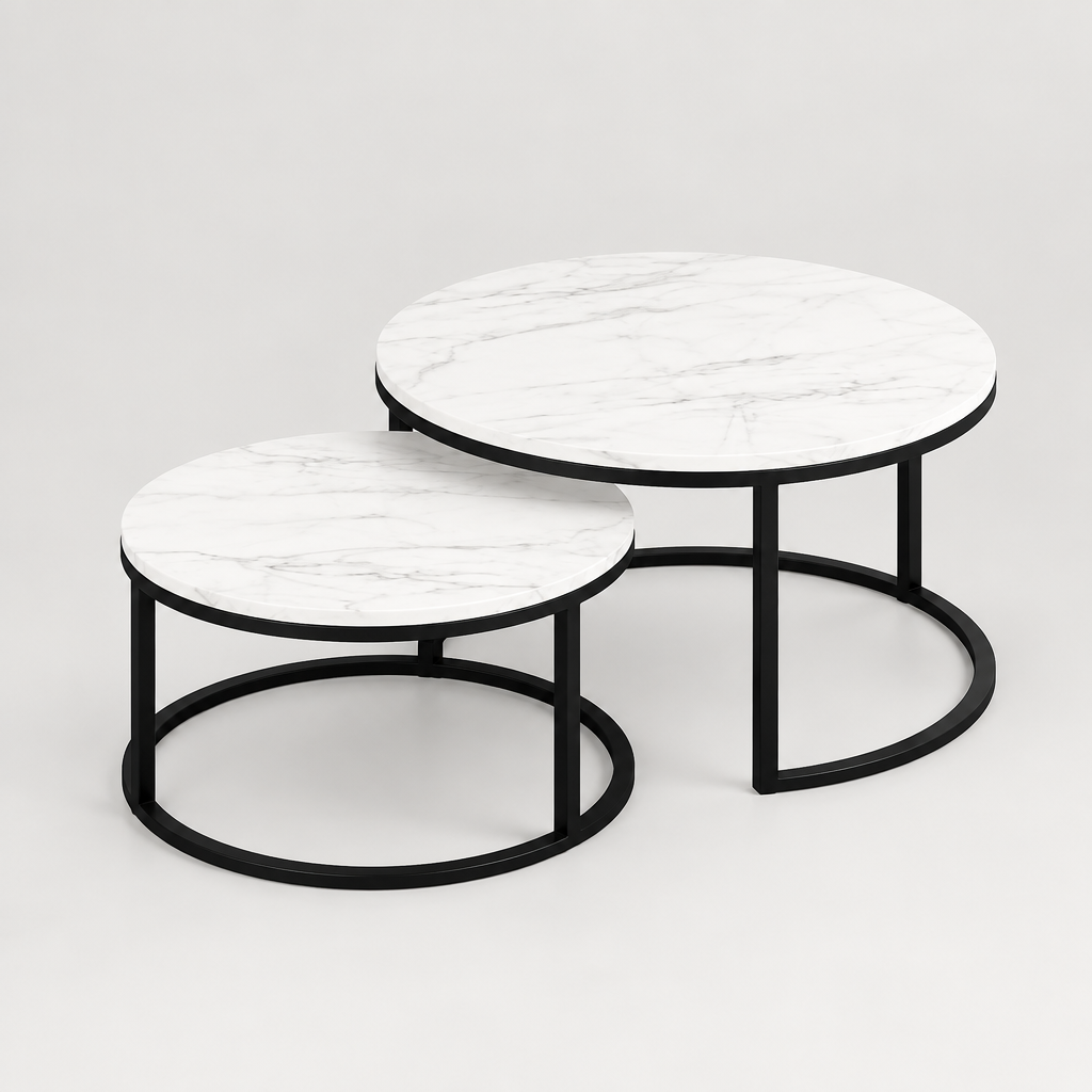 Deux tables gigognes rondes effet marbre, vue studio