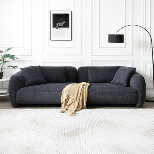 Canapé 3 places noir style Mid-Century en tissu effet peluche, 4 coussins