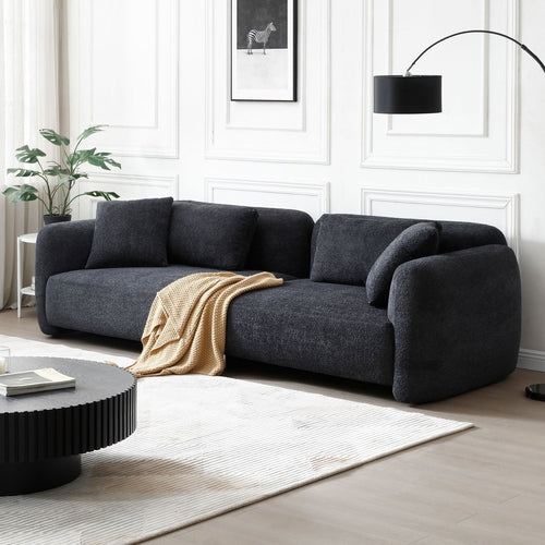 Canapé 3 places noir style Mid-Century en tissu effet peluche, 4 coussins
