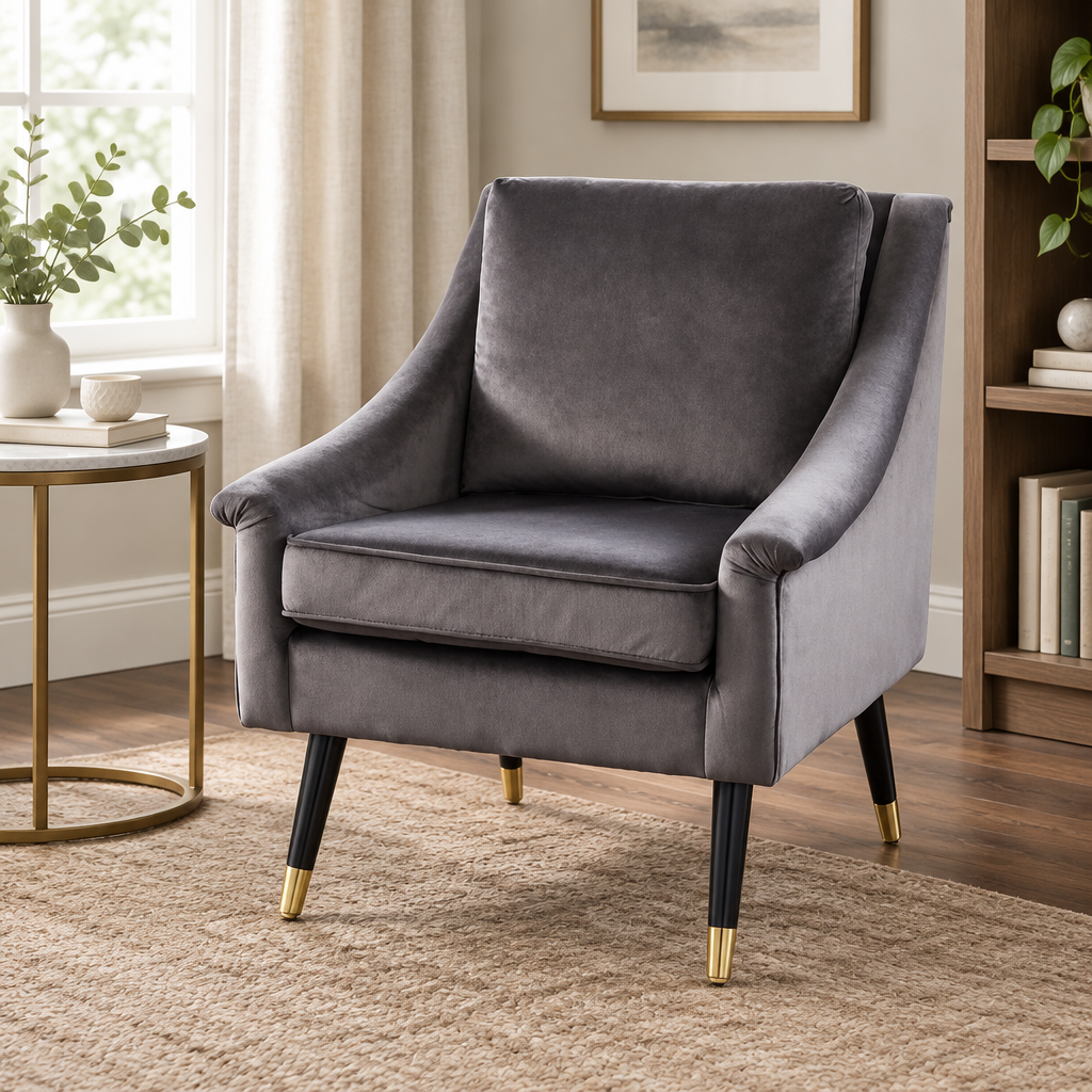 Fauteuil Grace en velours gris dans un coin lecture contemporain
