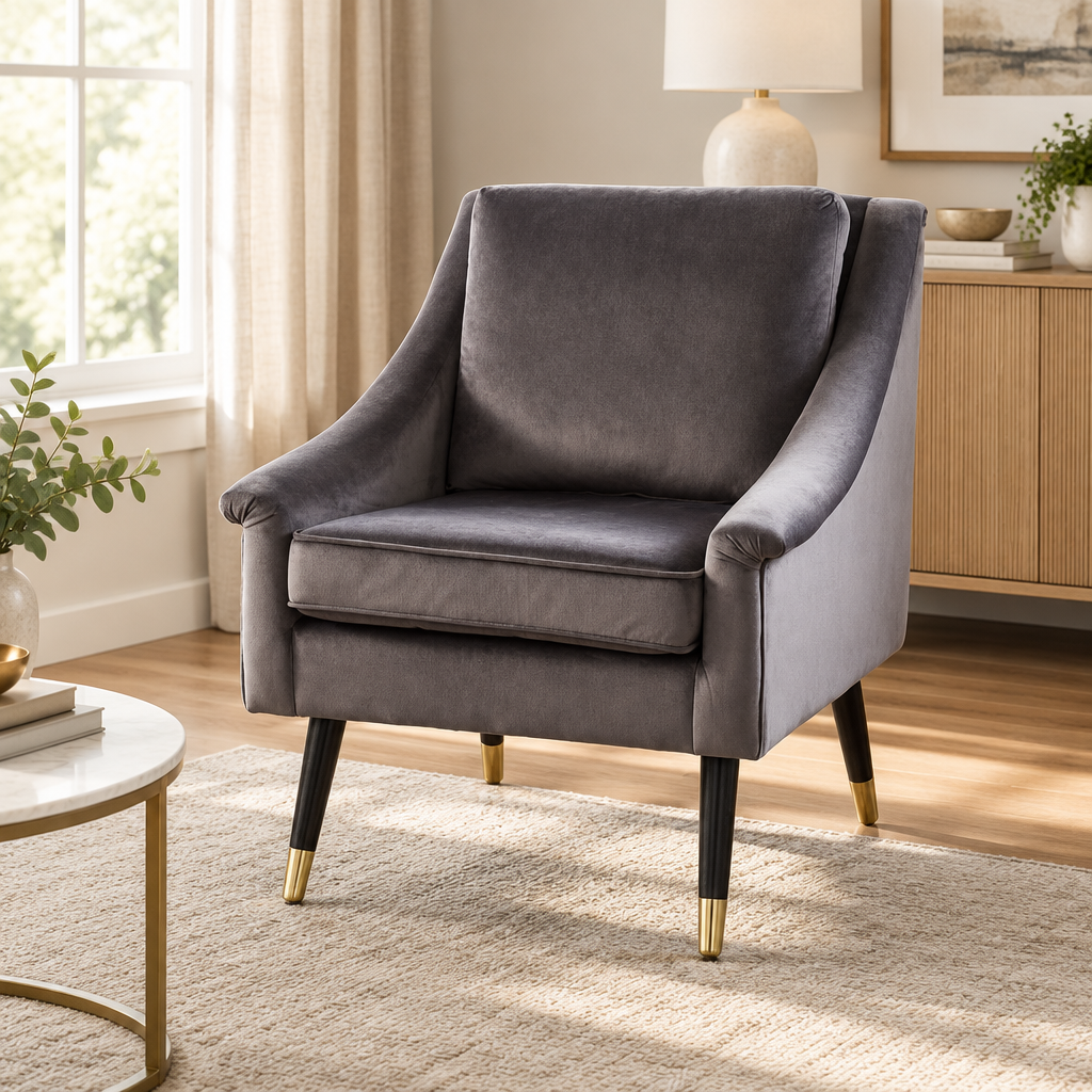 Fauteuil Grace en velours gris dans un salon lumineux, vu de trois quarts