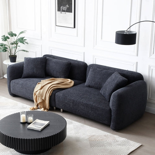 Canapé 3 places noir style Mid-Century en tissu effet peluche, 4 coussins