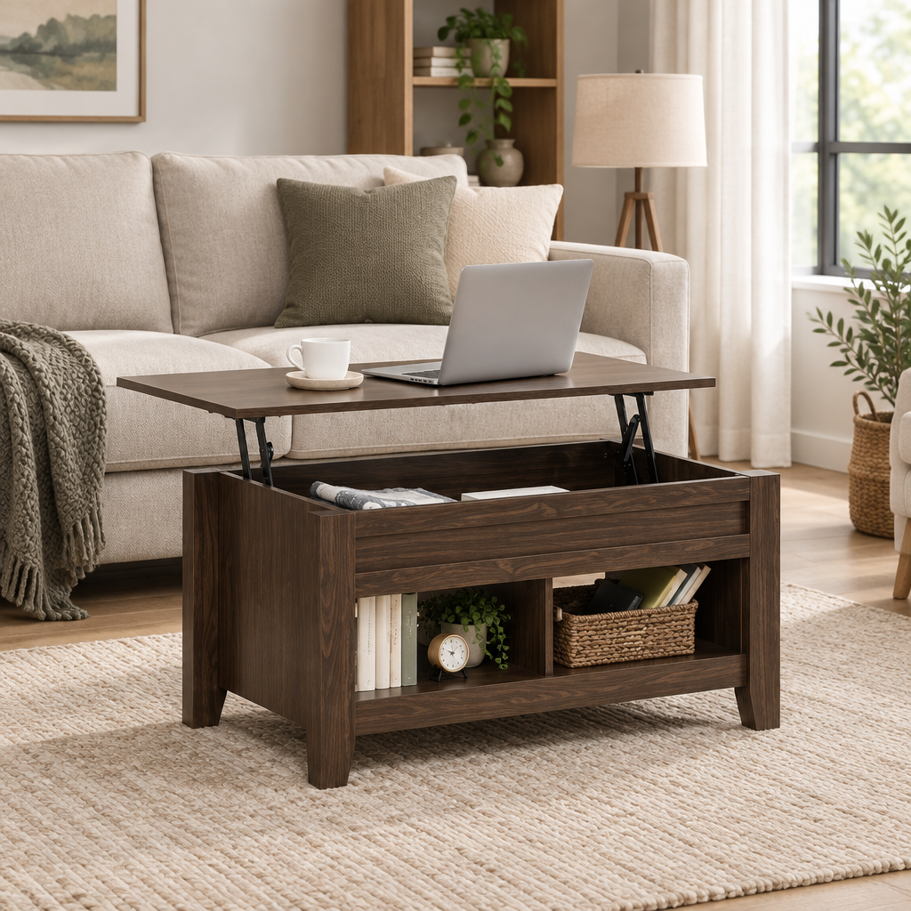 Table basse HOMCOM en finition noyer foncé avec plateau relevable et étagères ouvertes, vue en trois quarts
