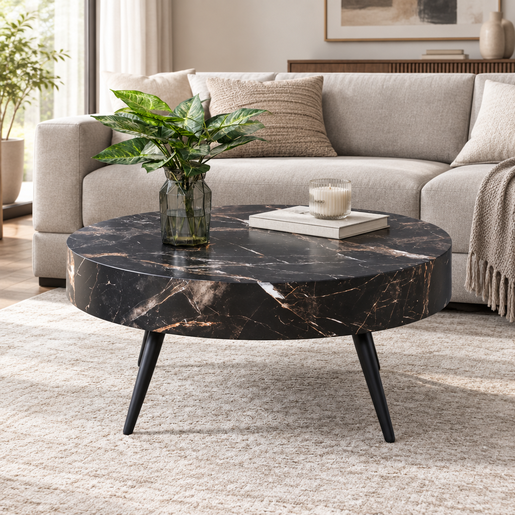 Table basse ronde LuxeHome effet marbre noir dans un salon contemporain