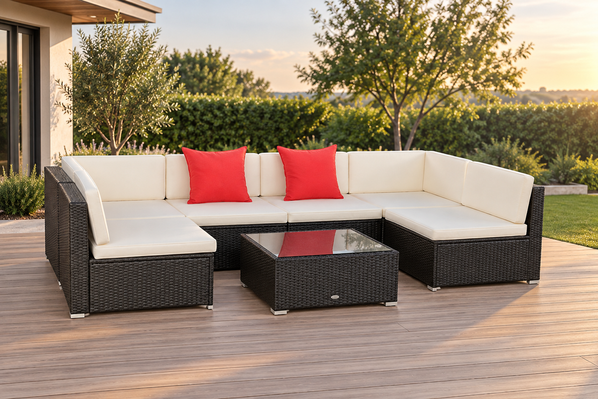 Ensemble de jardin d’angle beige tressé avec coussins, photographié de trois quarts dans un patio.
