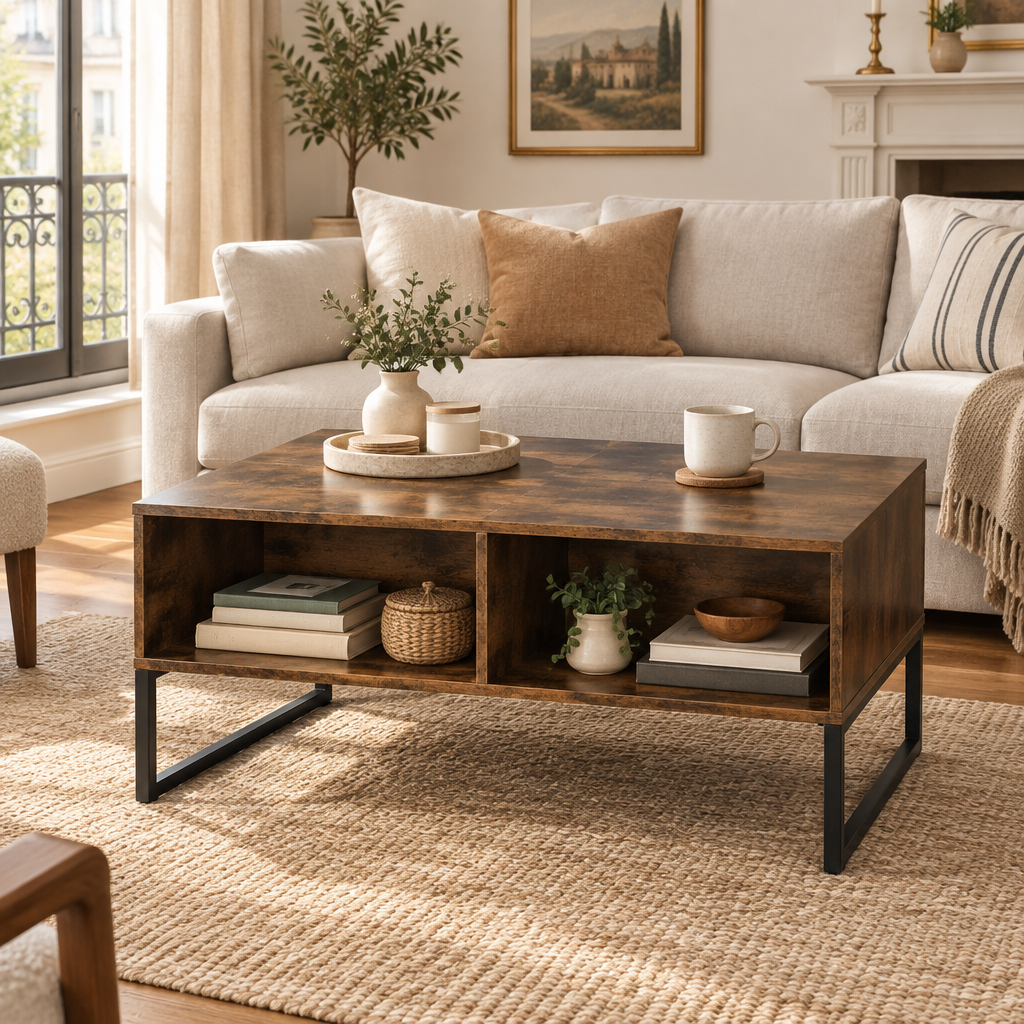 Table basse HOMCOM à plateau relevable dans un salon lumineux
