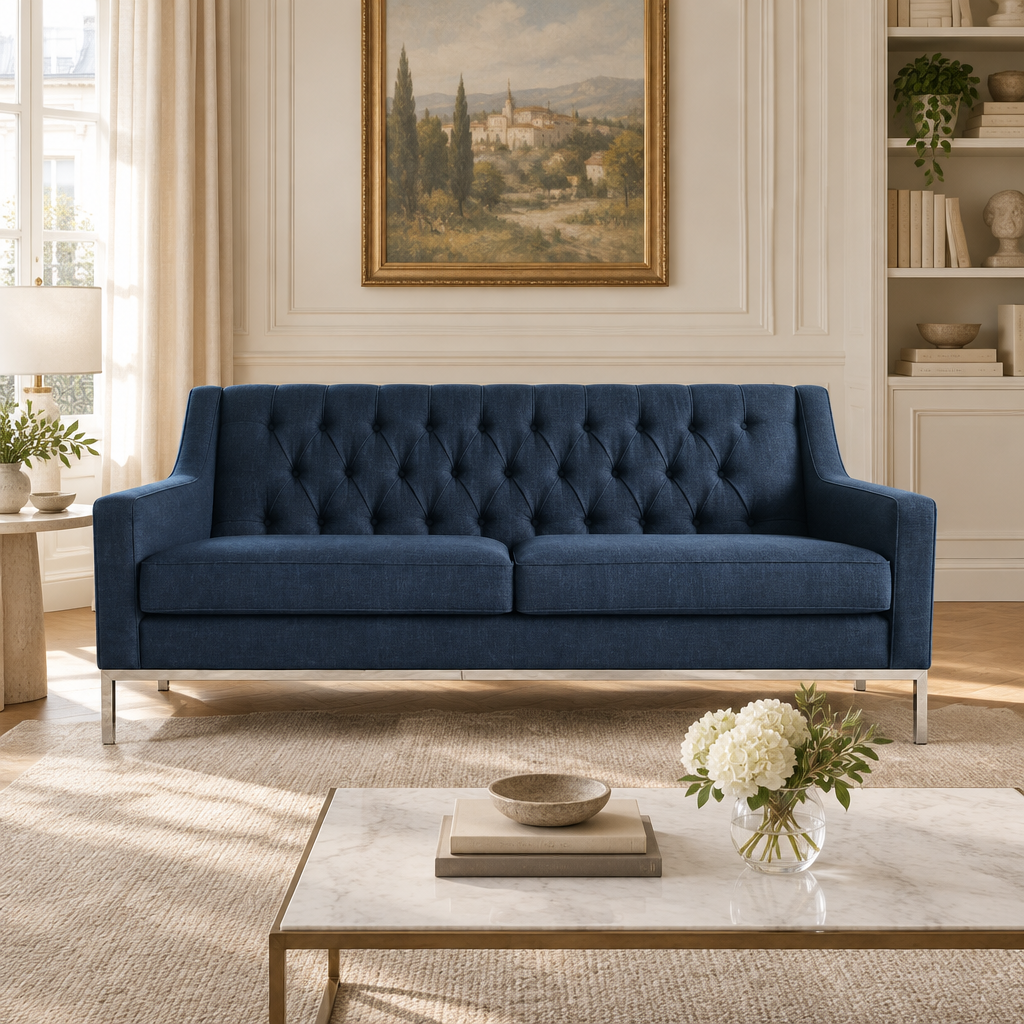 Canapé Montgomery 3 places en tissu bleu marine, dossier capitonné et piètement métallique argenté dans un salon contemporain