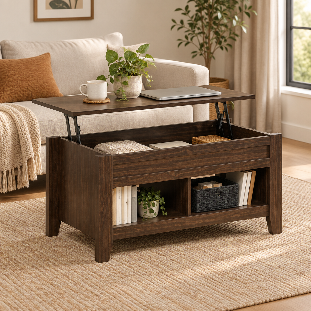 Table basse HOMCOM noyer foncé avec plateau relevé révélant son compartiment de rangement caché et ses étagères ouvertes