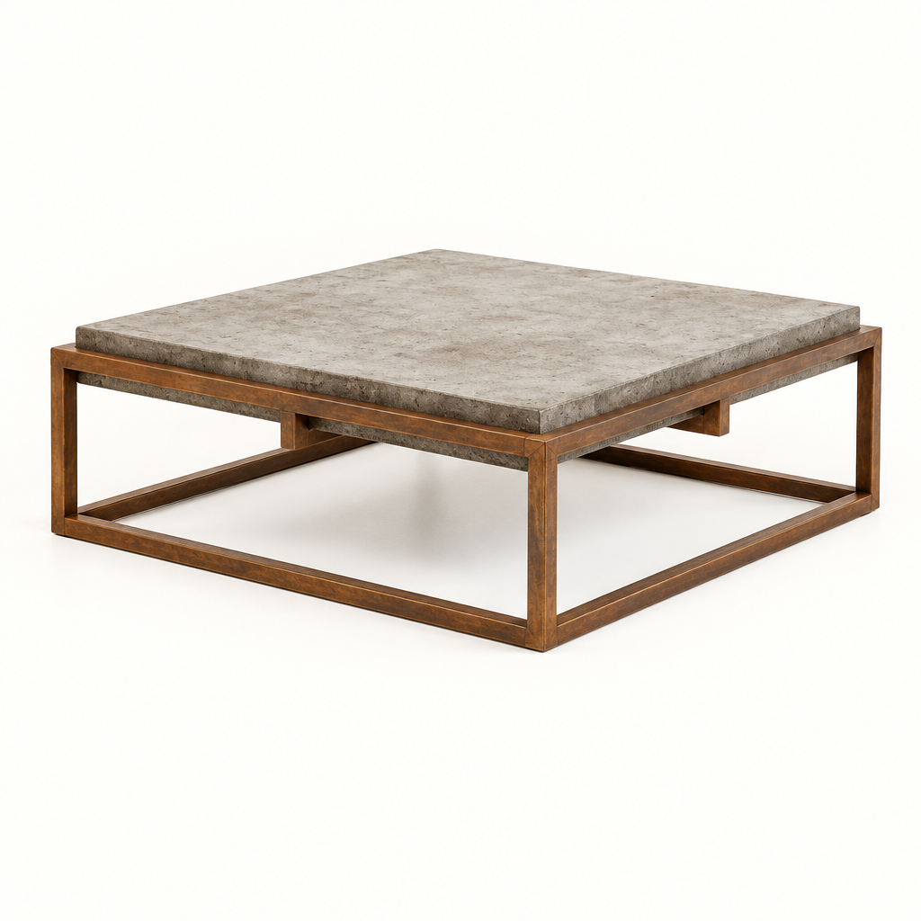 Table basse carrée en béton et métal, vue studio