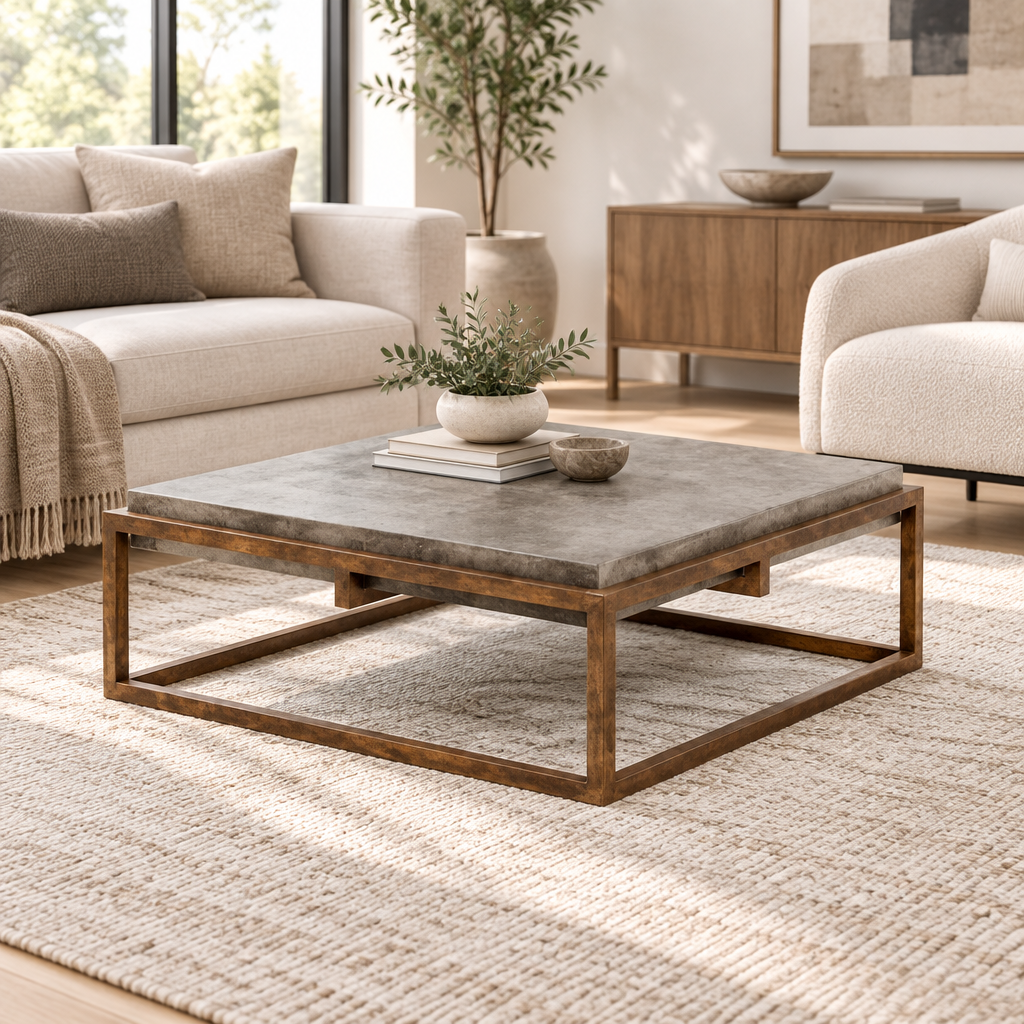 Table basse en béton dans un salon contemporain